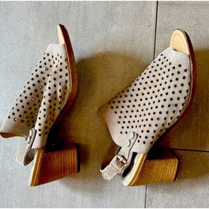 Grey suede wedges with fun perforations. 3” stacked heel cute & stable too!